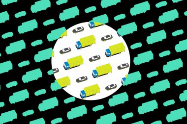 Background-pattern. Colorful small car models staggered on the color, white or black background. 3D modeling clipart