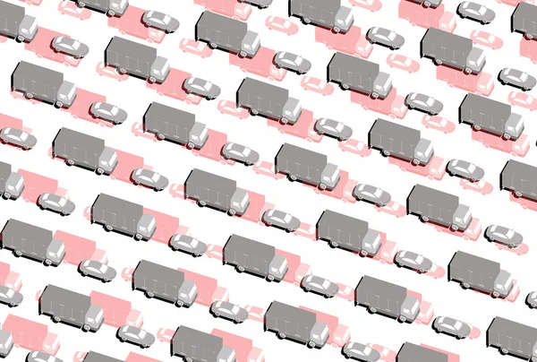 Pozadí mnoha malých aut na bílém pozadí. růžové a šedé gama 3d modelování — Stock fotografie