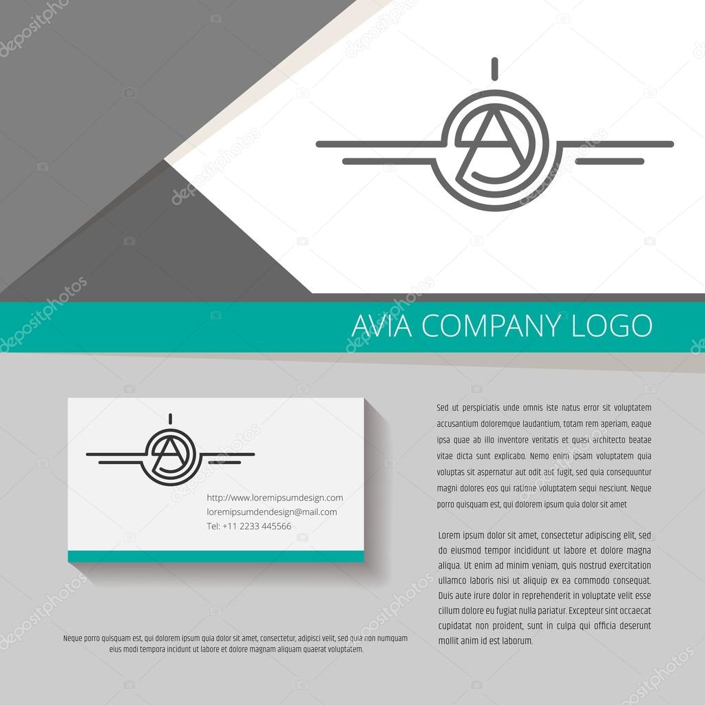 Vector illustration Logo design for avia company, plane construction company, avia traffic company. Vector logo with capital A letter in the center. Business card design included