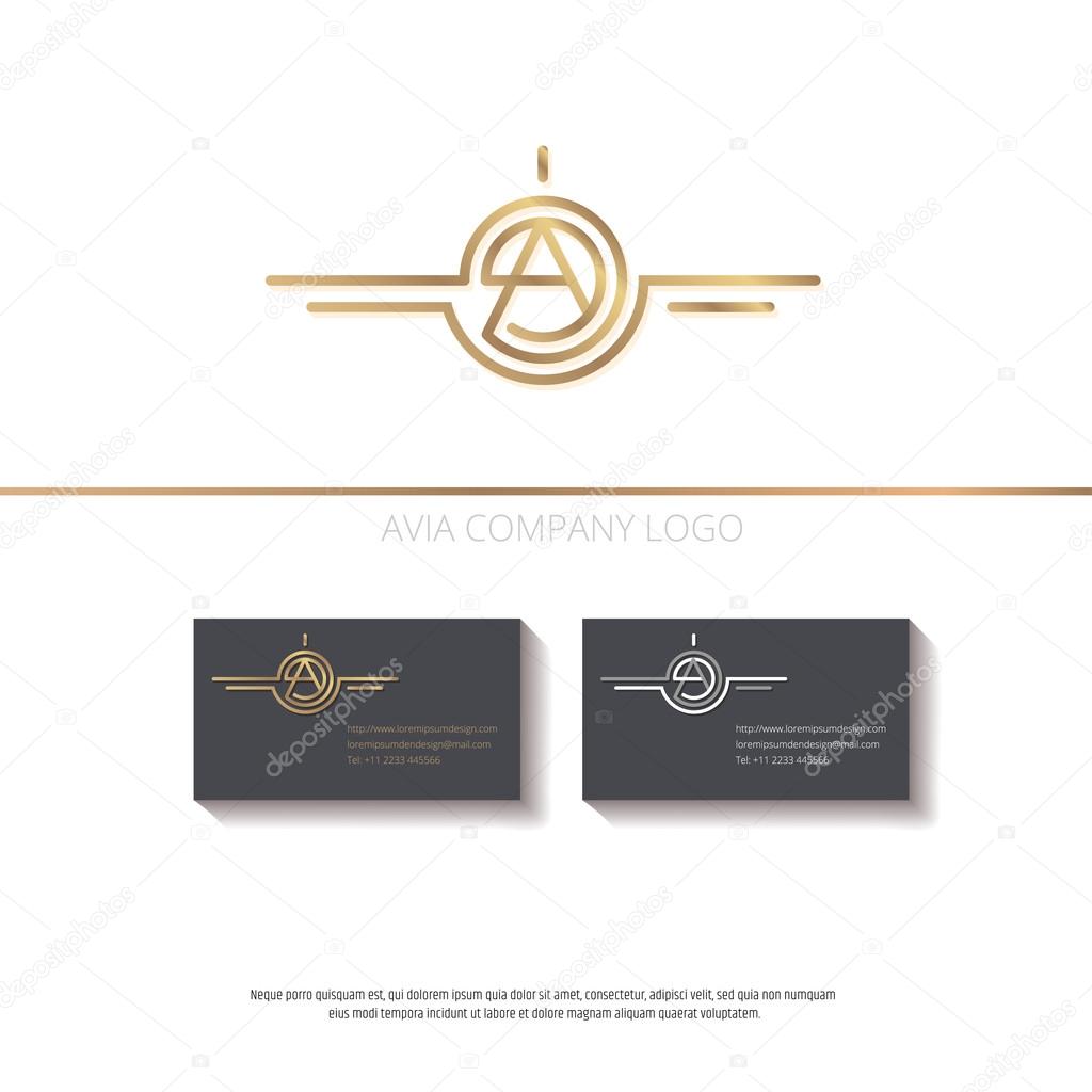 Vector illustration Logo design for avia company, plane construction company, avia traffic company. Vector logo with capital A letter in the center. Business card design included