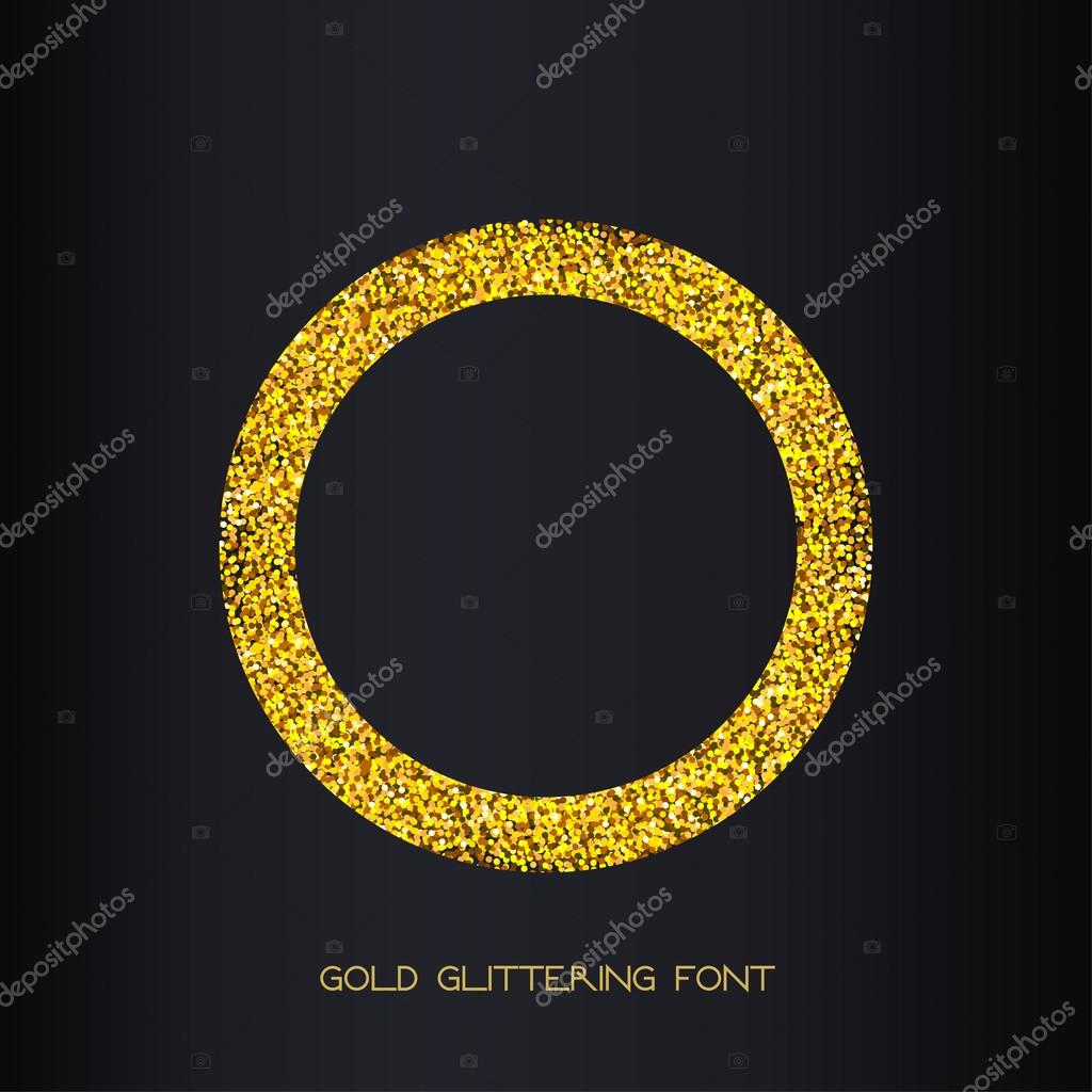 Gold metallic glitter uppercase letter O on black background. Golden glitter uppercase vector font.