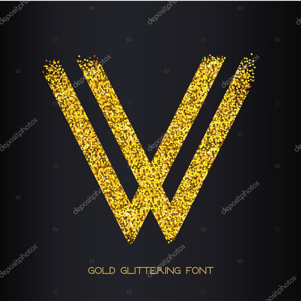 Gold metallic glitter uppercase letter W on black background. Golden glitter uppercase vector font.