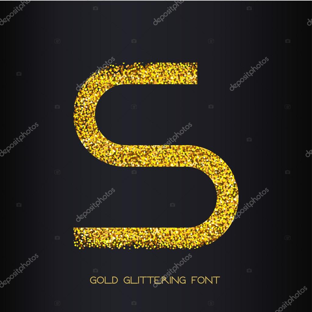 Gold metallic glitter uppercase letter S on black background. Golden glitter uppercase vector font.