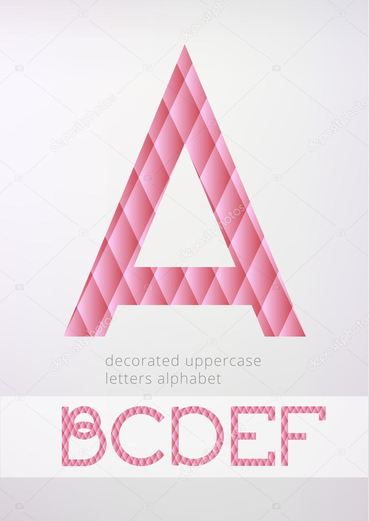 Brand identity logo design. Uppercase A, B, C, D, E, F letters. Letters covered with pink upholstery pattern. Luxury fashion, minimalistic symbols. Marketing design elements.
