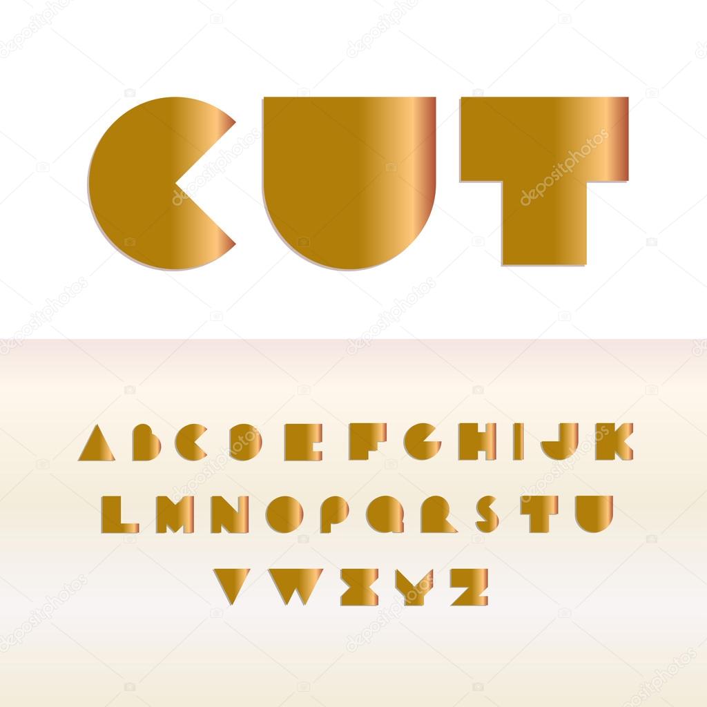 Cut out of golden foil uppercase alphabet. Golden round letters casting shadow. Vector font template.