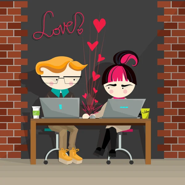 Laki-laki dan seorang gadis di kantor jatuh cinta - Stok Vektor
