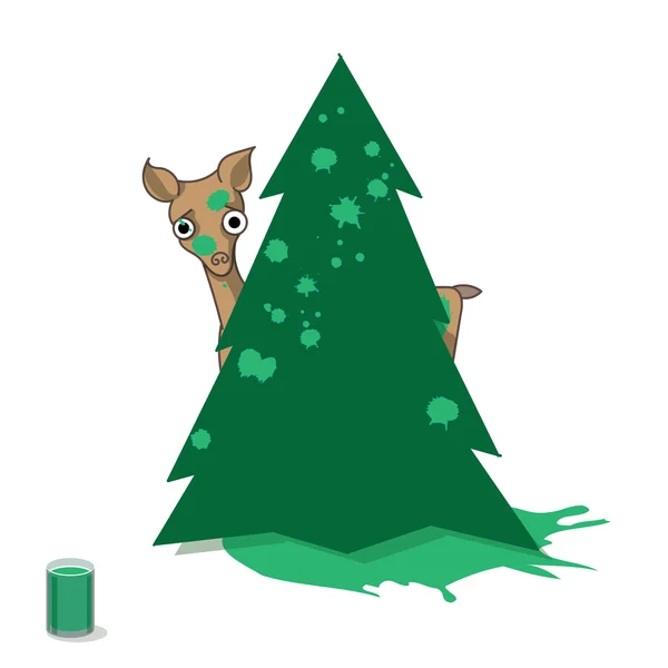 Petit cerf caché derrière un sapin — Image vectorielle