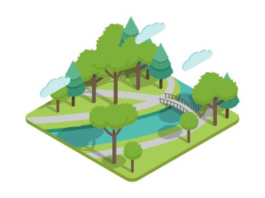 İzometrik park köprü vektör esnaf ağaçlar, nehir, köprü, sokakları ile. Park avenue veya park sokak izometrik görünümünde. İzometrik tarzı düz Park Köprüsü ve diğer park elemanları. Park yeşil. Bahar izole izometrik Infographic City Park