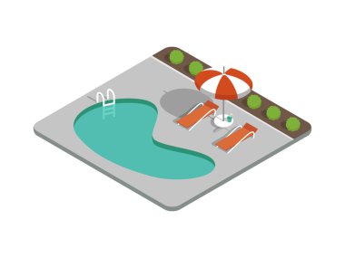 Resort havuz vektör. Yüzme Havuzu vektör, izometrik havuzu vektör çizim, şemsiye şemsiye, resort, plaj sandalyesini, şezlong, güneş tembel. Yüzme Havuzu, havuz, Yüzme Havuzu su, Yüzme Havuzu görünümü en iyi. İzometrik yaz, tatil, resort. 