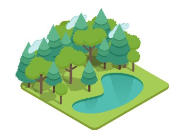 İzometrik orman, izometrik park, izometrik ahşap, izometrik Bahçe peyzaj göl, çim, çam ağaçları ile ve diğer ağaçlar. İzometrik ekoloji vektör doğa manzaralı. İzometrik vektör çevre doğa infographics. İzometrik Orman ağaçları illüstrasyon vektör.