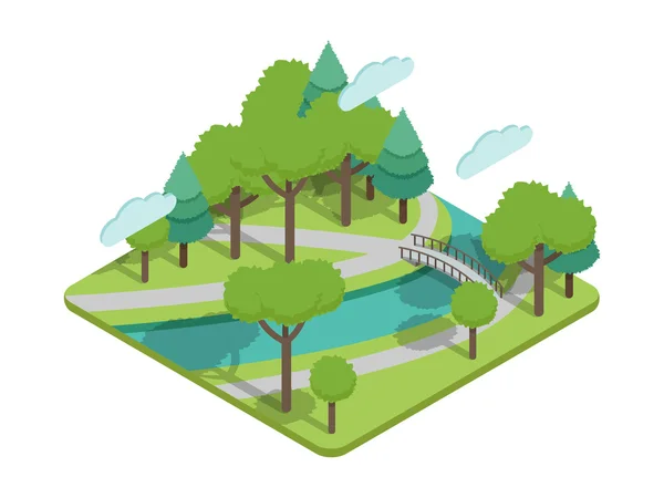 Isometrisk park bron vektor illustartion med träd, floden, bridge, gränder. Park avenue eller park gränd i Isometrisk vy. Park-bron och andra park element platt isometrisk stil. Green Park. Park i våren isolerade isometrisk infographic i city — Stock vektor