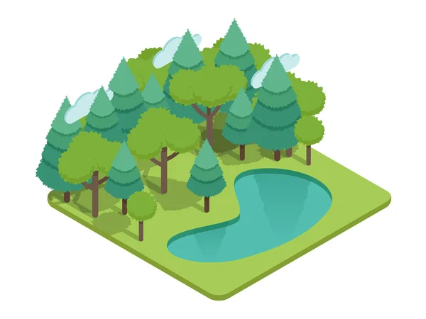 Bosque isométrico, parque isométrico, madera isométrica, paisaje de jardín isométrico con lago, hierba, abetos y otros árboles. Vector de ecología isométrica con vista a la naturaleza. Isométrico vector eco naturaleza infografías. Ilustración vectorial de árboles forestales isométricos . — Vector de stock