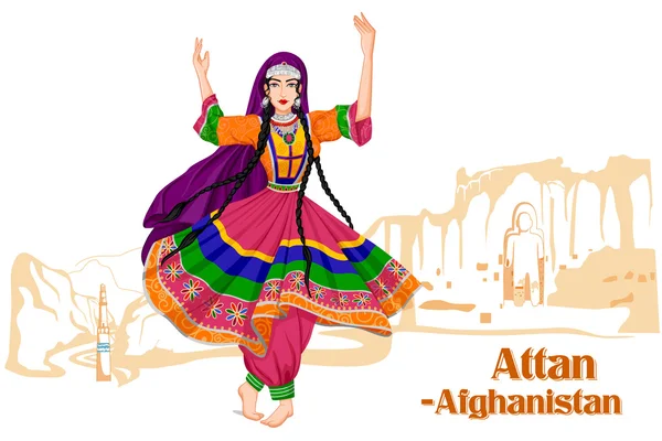 Afghansk kvinne danser Attan-dans i Afghanistan – stockvektor