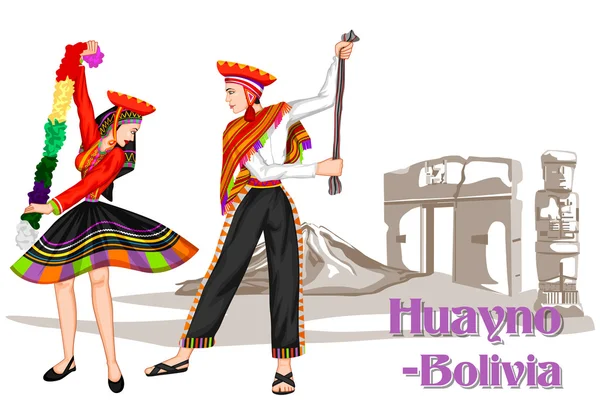 Pareja Boliviana interpretando el baile Huayno de Bolivia — Vector de stock