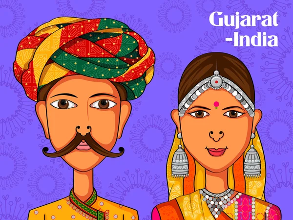 Casal Gujarati em traje tradicional de Gujarat, Índia —  Vetores de Stock