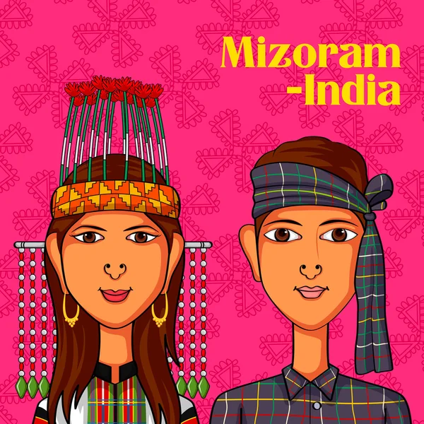 Mizo ζευγάρι με παραδοσιακή φορεσιά του Mizoram, Ινδία — Διανυσματικό Αρχείο