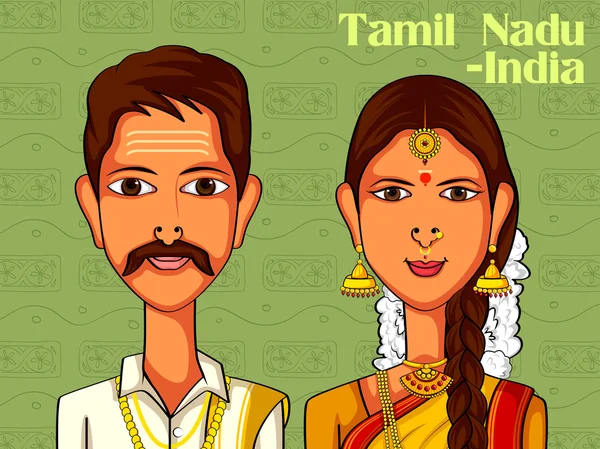 Ζευγάρι με παραδοσιακή φορεσιά των Ταμίλ Ναντού, Ινδία — Διανυσματικό Αρχείο