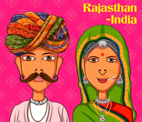 Casal Rajasthanii em traje tradicional de Rajasthan, Índia —  Vetores de Stock