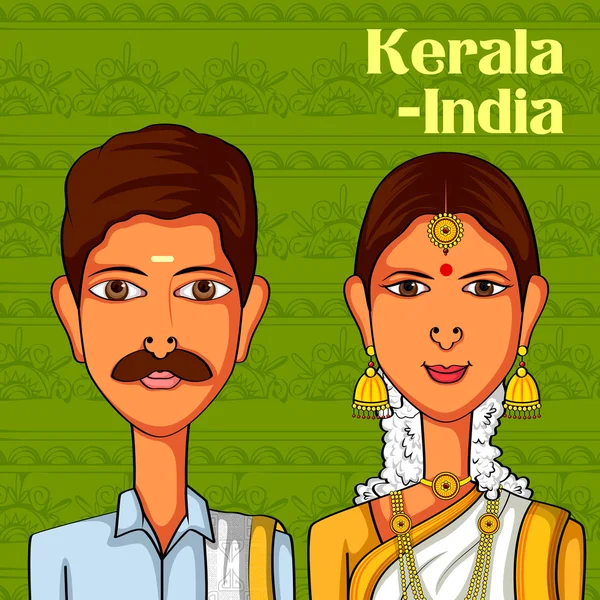 Casal de Keralite em traje tradicional de Kerala, Índia — Vetor de Stock