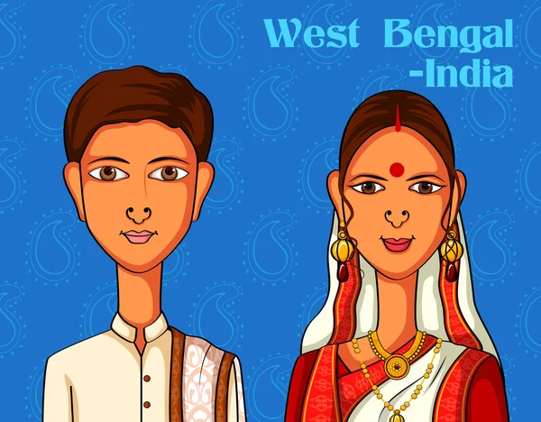 Casal Bengali em traje tradicional de Bengala Ocidental, Índia —  Vetores de Stock