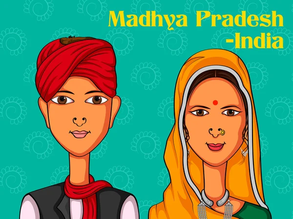 Ζευγάρι με παραδοσιακή φορεσιά της Madhya Pradesh, Ινδία — Διανυσματικό Αρχείο