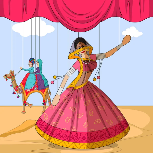 Rajasthani Puppet doen Ghoomar volksdans van Rajasthan, India — Stockvector