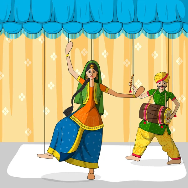 Rajasthani Puppet robi taniec ludowy Bhangra, Pendżab, Indie — Wektor stockowy