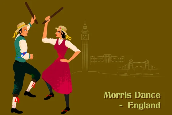 Coppia che esegue la danza Morris d'Inghilterra — Vettoriale Stock