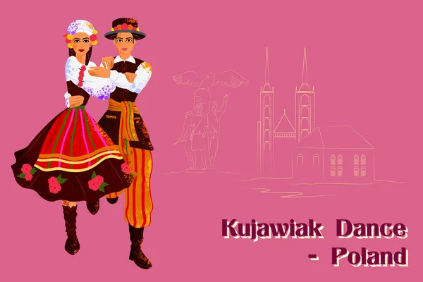 Pareja realizando danza Kujawiak de Polonia — Vector de stock