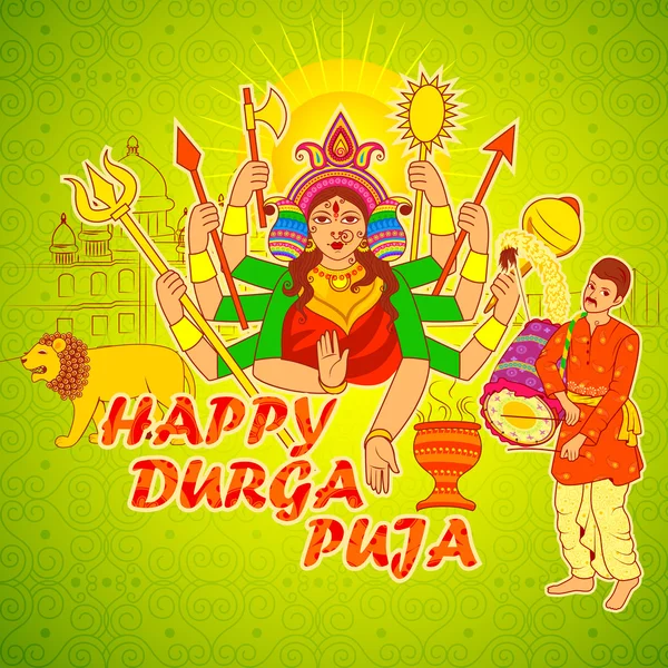 Hombre jugando Dhak Dhol de Bengala para Durga Puja — Vector de stock