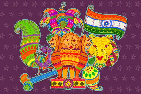 Símbolos nacionales de la India en estilo de arte indio — Vector de stock