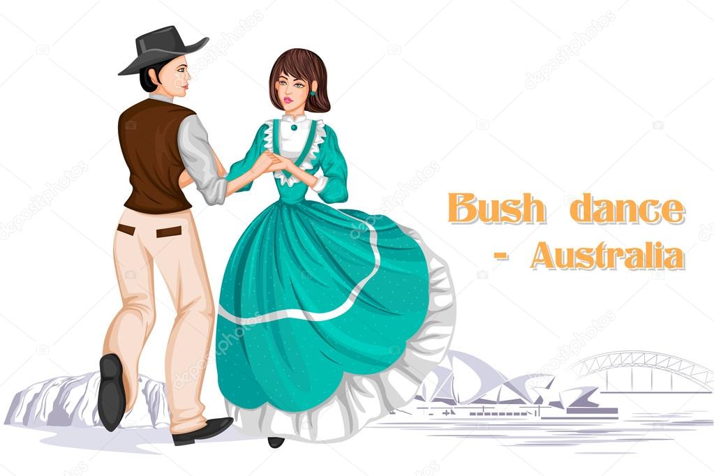 Australian Couple performing Bush dance of Australia — Stock Vector