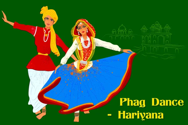 Casal realizando dança folclórica Phag de Haryana, Índia — Vetor de Stock