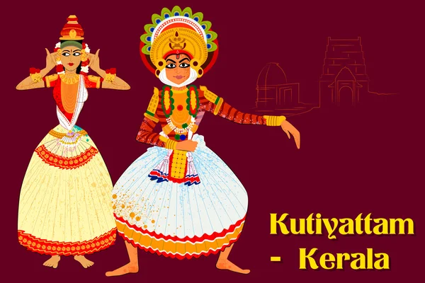 Pareja realizando Kutiyattam danza clásica de Kerala, India — Vector de stock