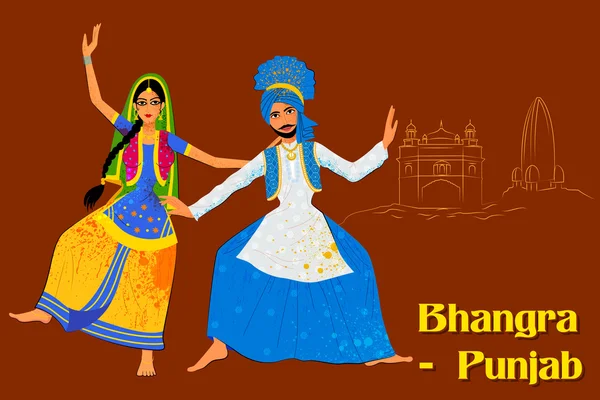 Coppia che esegue la danza popolare Bhangra del Punjab, India — Vettoriale Stock