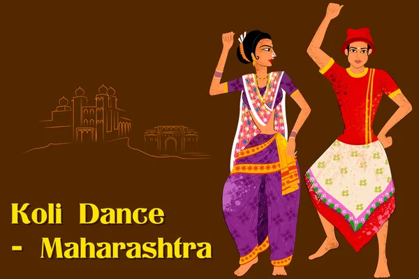 对夫妇表演的印度马哈拉施特拉 Koli 民间舞蹈 — 图库矢量图片