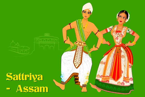 Pareja realizando Sattriya danza clásica de Assam, India — Vector de stock