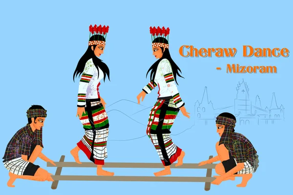 Pareja realizando danza folclórica Cheraw de Mizoram, India — Vector de stock