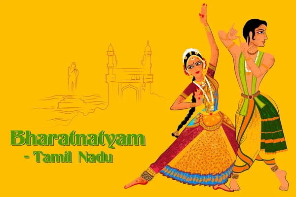 Pareja realizando Bharatanatyam danza clásica de Tamil Nadu, India — Vector de stock