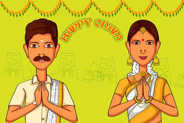 Pareja del sur de la India deseando feliz Onam en estilo de arte indio — Archivo Imágenes Vectoriales