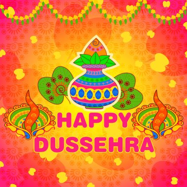 Hindistan cevizi, mango yaprakları ve mutlu Durga Puja için diya Kalash