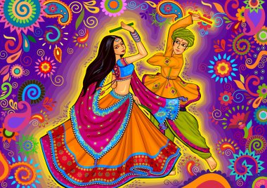 Garba Dandiya gece Navratri Dussehra Festivali oynayan Çift
