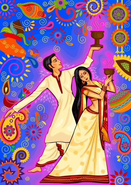 Couple exécutant Dhunuchi danse du Bengale pour Durga Puja dans le style de l'art indien — Image vectorielle