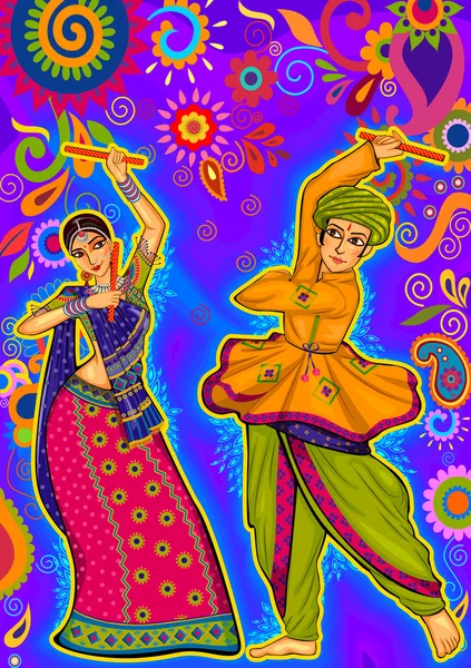 Pareja jugando Garba en Dandiya Noche Navratri Dussehra festival — Vector de stock