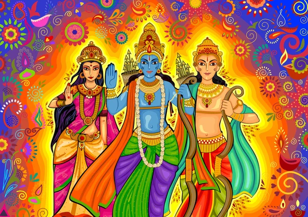 Dios indio Rama con Laxman y Sita para la celebración del festival Dussehra en la India — Vector de stock