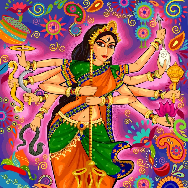 Déesse Durga dans le fond floral Puja Dussehra — Image vectorielle