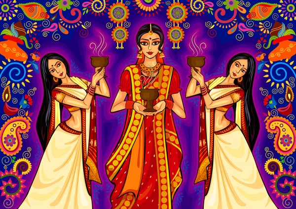 Mujer india bailando dhunuchi de Bengala durante la celebración de Durga Puja Dussehra en la India — Vector de stock