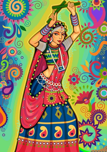 Mujer tocando garba dance para Dussehra Dandiya noche durante Navratri — Vector de stock