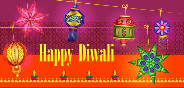 Boldog Diwali hagyományos fény fesztivál India ünnep üdvözlő háttér színes diya — Stock Vector