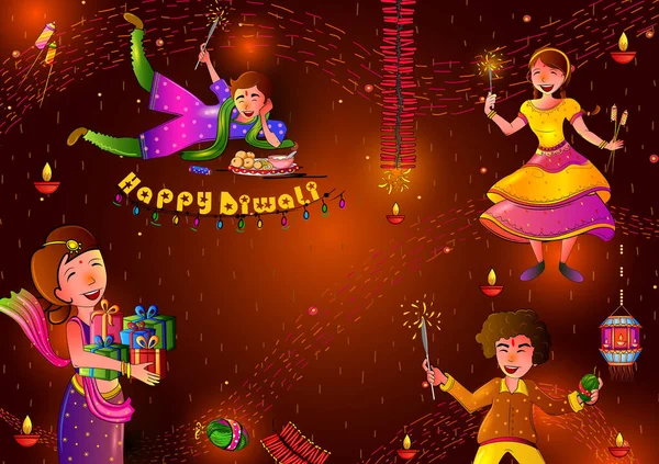Happy Diwali Festival cahaya tradisional India menyambut latar belakang dengan diya berwarna-warni - Stok Vektor